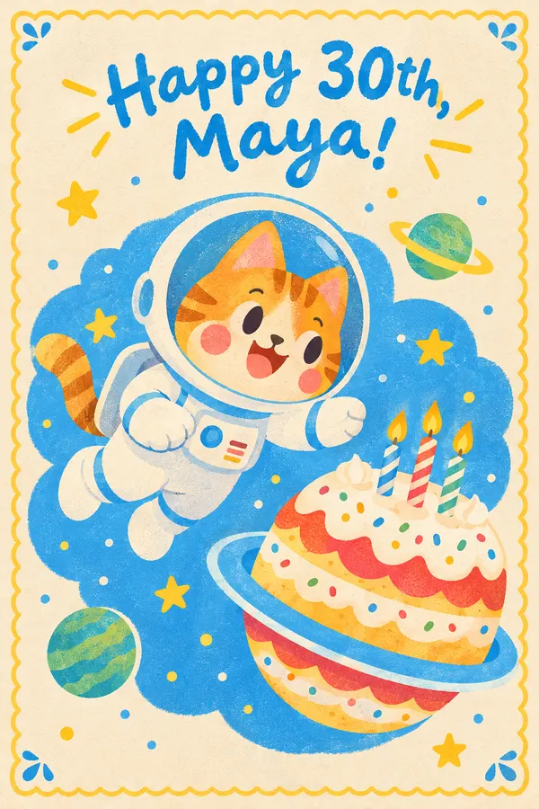 AI birthday card: an orange cat in a space suit floating past a cake planet with candles, lettered Happy 30th, Maya!