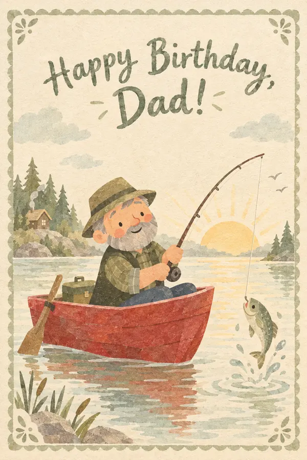 AI birthday card for a dad: a gray-bearded man fishing from a red rowboat at sunrise as a fish leaps on his line, lettered Happy Birthday, Dad!