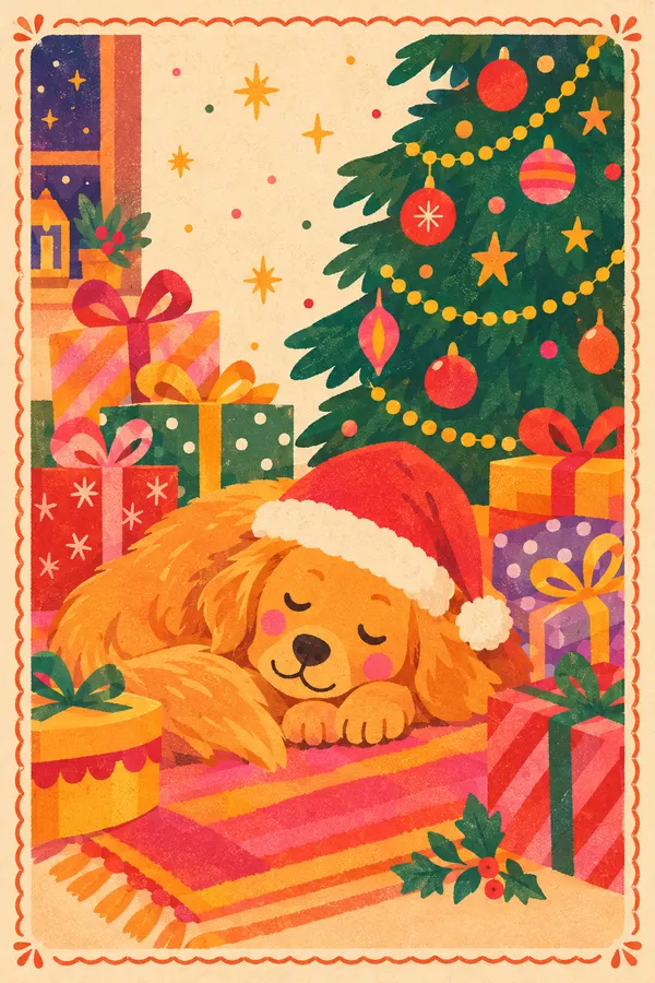 AI Christmas card: a golden retriever in a Santa hat asleep on a rug under a decorated Christmas tree, surrounded by presents