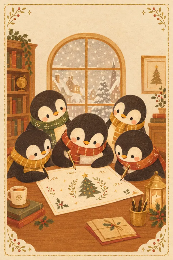 AI Christmas card for coworkers: six penguins in knitted scarves signing a large Christmas card at a desk while snow falls outside