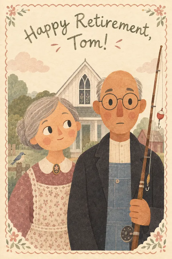 Retirement card: a couple posed like American Gothic before a white farmhouse with a pointed window, the man holding a fishing rod, lettered Happy Retirement, Tom!