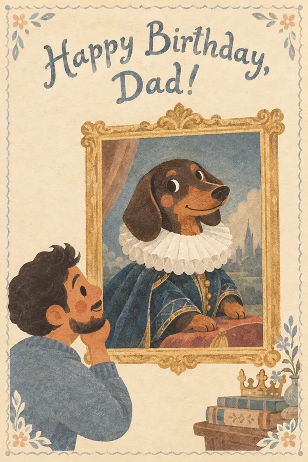 Birthday card: a man admiring a gilded portrait of a dachshund in a white ruff collar and velvet coat, lettered Happy Birthday, Dad!
