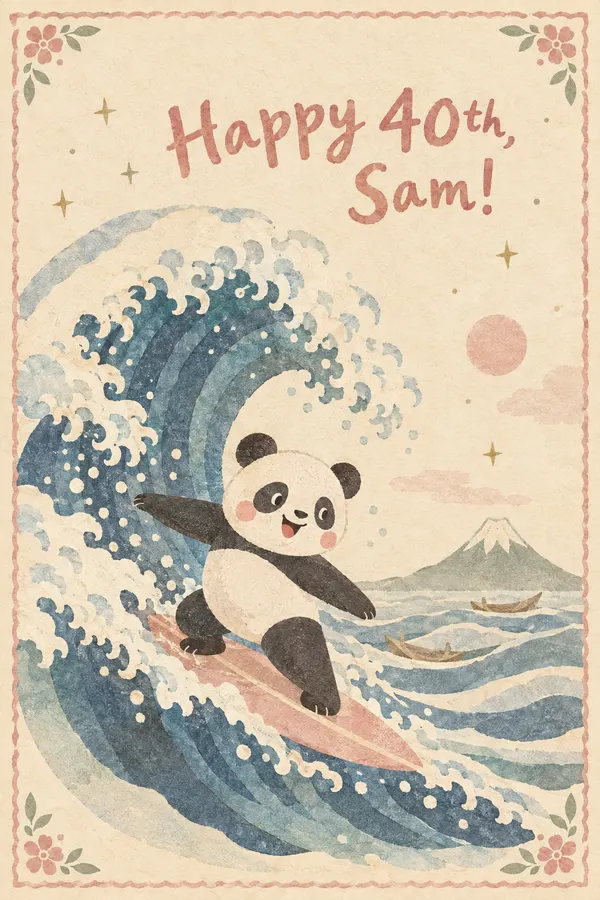 Birthday card: a panda surfing the curling wave from Hokusai’s Great Wave with Mount Fuji behind, lettered Happy 40th, Sam!