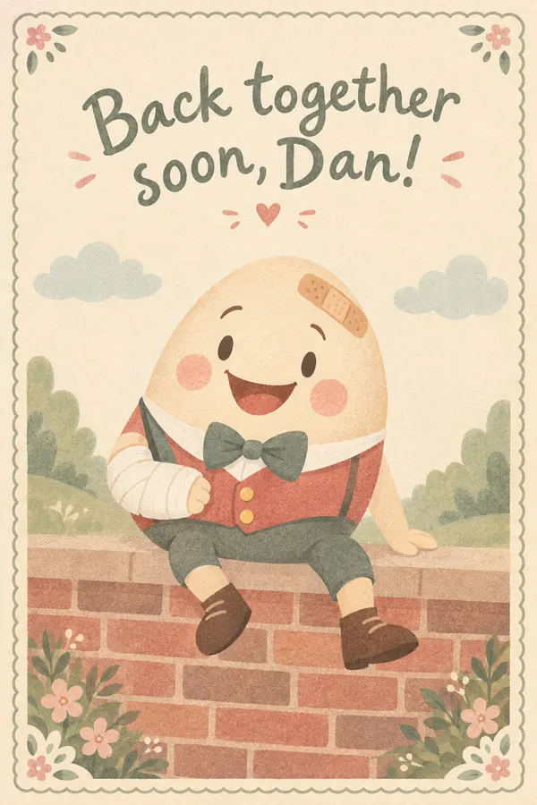 Get well card: Humpty Dumpty smiling on a brick wall with his arm in a cast and a bandage on his shell, lettered Back together soon, Dan!