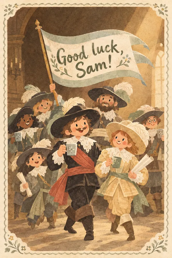 Farewell card: an office team in feathered hats and lace collars posed like Rembrandt’s Night Watch, holding coffee mugs under a banner lettered Good luck, Sam!