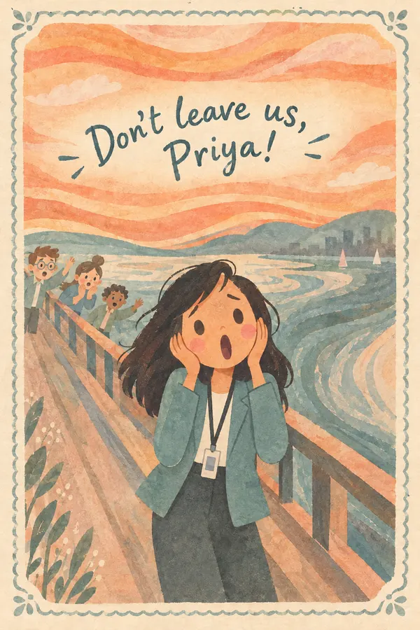 Farewell card: an office worker as the figure in Munch’s The Scream on a bridge under a swirling orange sky, both hands on her cheeks, lettered Don’t leave us, Priya!