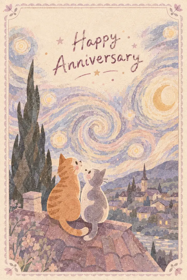 Anniversary card: two cats on a rooftop under the swirling sky of Van Gogh’s Starry Night beside a cypress tree, lettered Happy Anniversary