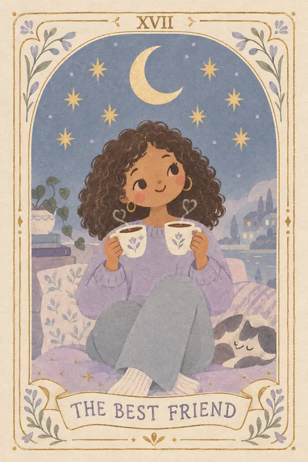 Birthday card drawn as a tarot card titled The Best Friend: a curly-haired woman holding two coffee cups under a crescent moon and stars