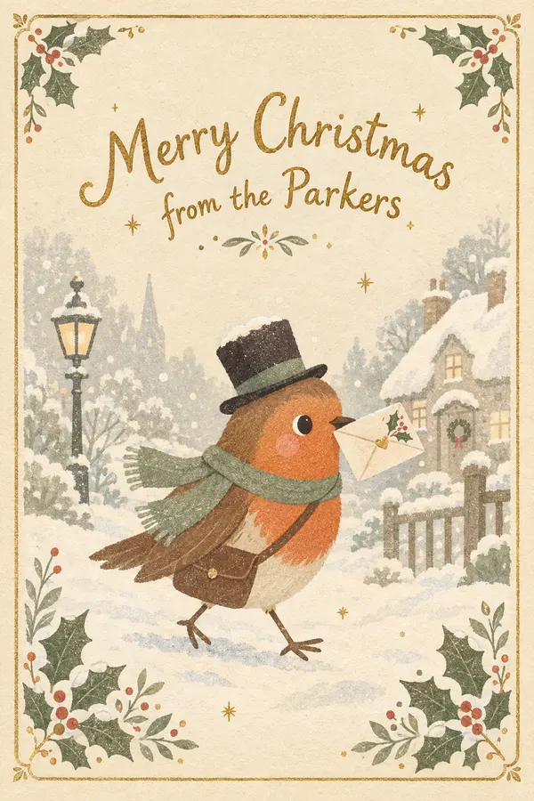 Christmas card in a Victorian style: a robin in a top hat carrying a letter through the snow with a holly border, lettered Merry Christmas from the Parkers
