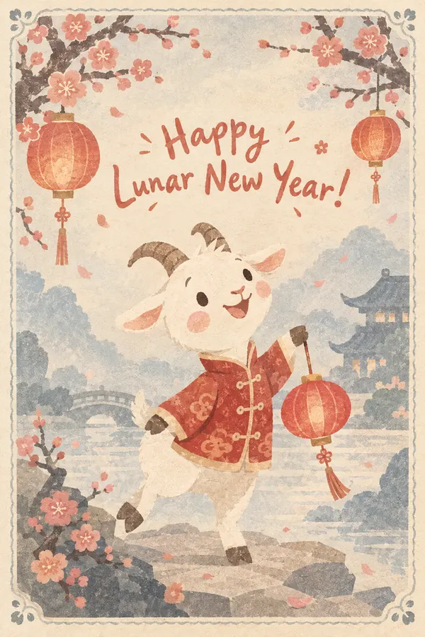 Lunar New Year card: a cheerful goat in a red jacket holding a red lantern under plum blossoms, lettered Happy Lunar New Year!