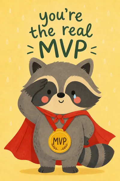 Raccoon in a red superhero cape wearing an MVP medal on a card reading “You're the real MVP”.